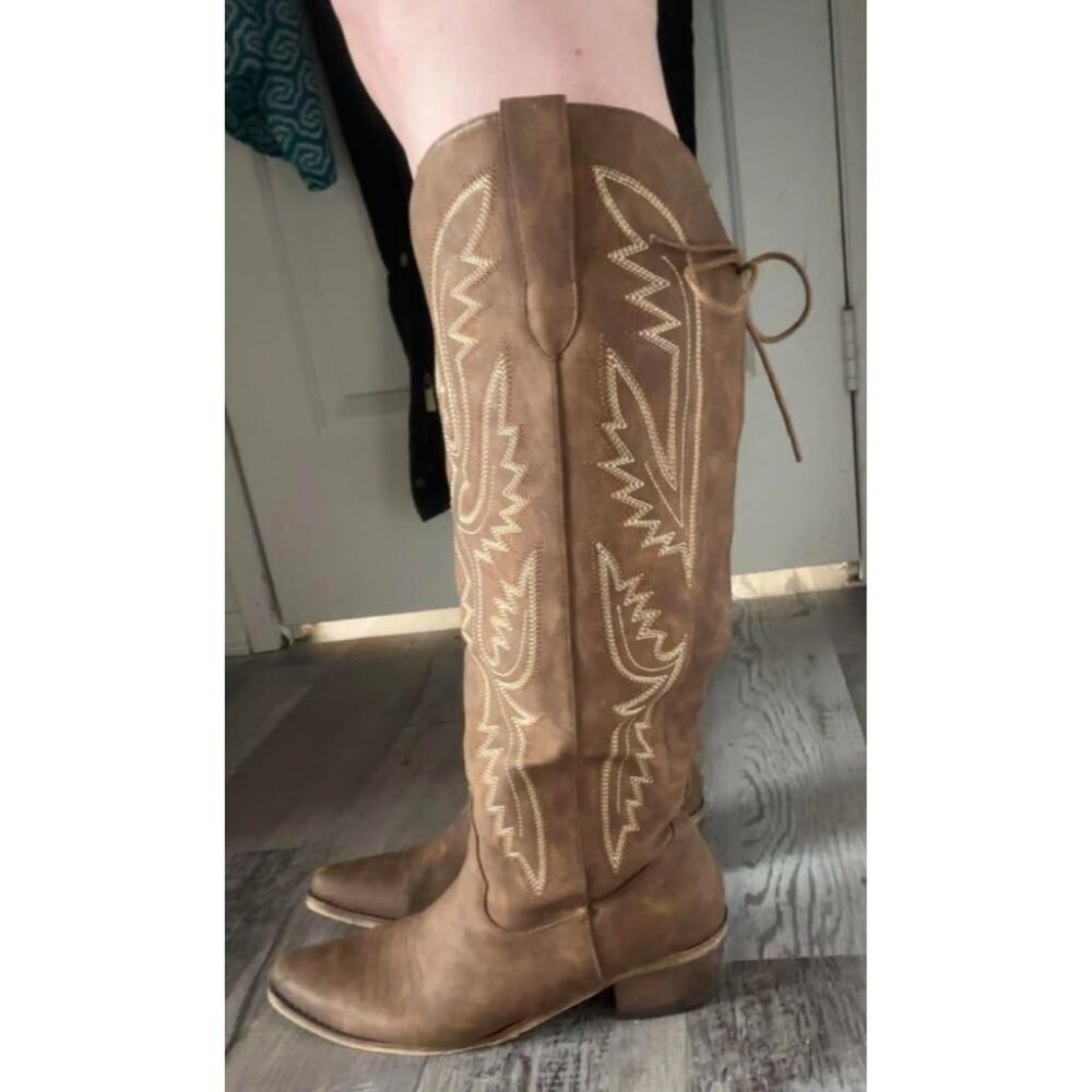 Women Brown Polyurethane Over The Knee Adjustable Thigh High Cowgirl Boot